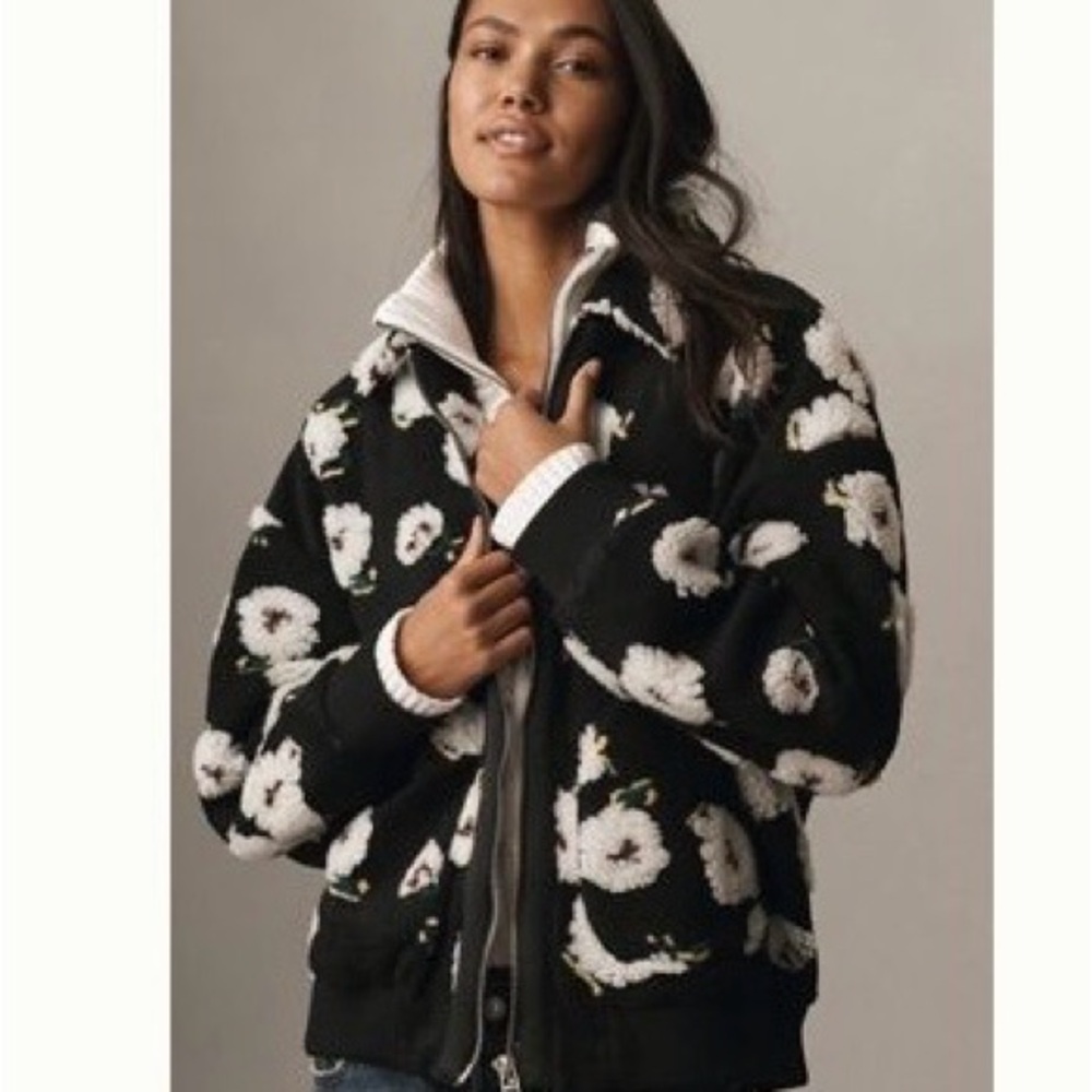 Anthropologie Black and White Floral Teddy Jacket